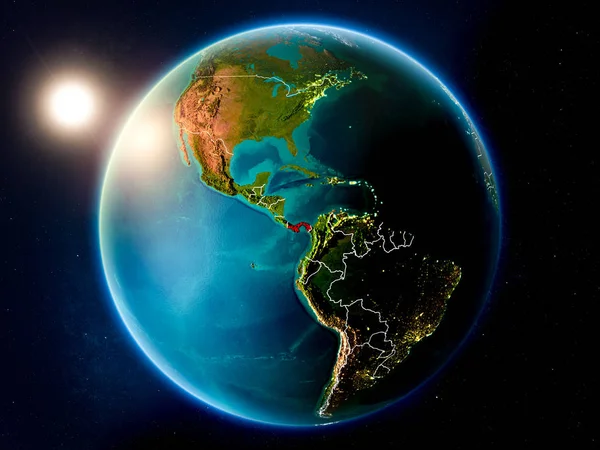 日落在巴拿马上面突出了以红色在行星地球以可看见的国家边界 Nasa 提供的这个图像的元素 — 图库照片