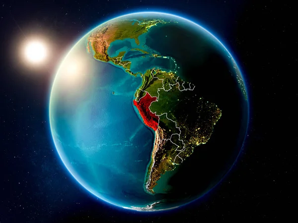 Puesta Sol Sobre Perú Resaltada Rojo Planeta Tierra Con Fronteras —  Fotos de Stock