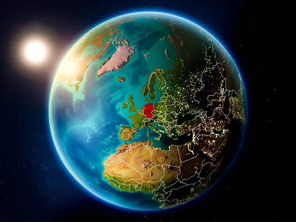 Naplemente Felett Pirossal Földön Látható Országhatárok Németország Illusztráció Kép Nasa — Stock Fotó