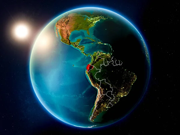 Захід Сонця Над Еквадор Виділено Червоним Кольором Планеті Земля Видимими — стокове фото