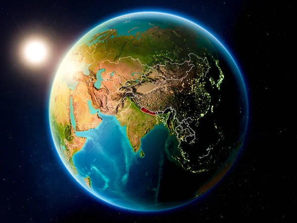 Sonnenuntergang Über Nepal Rot Hervorgehoben Auf Dem Planeten Erde Mit — Stockfoto