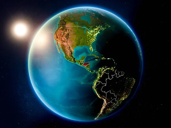 在洪都拉斯上空的日落突出显示了在地球上的红色与可见的国家边界 Nasa 提供的这个图像的元素 — 图库照片