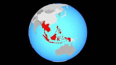 Güney Doğu Asya için mavi siyasi küre üzerinde yakınlaştırma. 3D çizim.