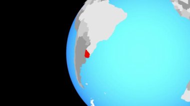 Uruguay mavi siyasi dünya üzerinde. Dünyanın dört bir yanından etrafında dönen ve ülke için yakınlaştırma. 3D çizim.
