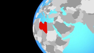 Libya mavi siyasi dünya üzerinde. Dünyanın dört bir yanından etrafında dönen ve ülke için yakınlaştırma. 3D çizim.