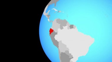 Ekvador mavi siyasi dünya üzerinde. Dünyanın dört bir yanından etrafında dönen ve ülke için yakınlaştırma. 3D çizim.