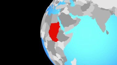 Sudan mavi siyasi dünya üzerinde. Dünyanın dört bir yanından etrafında dönen ve ülke için yakınlaştırma. 3D çizim.