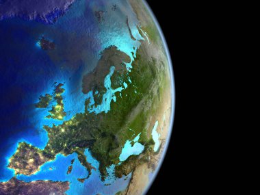 Planet Earth şehir ışıkları ile uzaydan Avrupa. Uydu görüntüsü. 3D çizim. Nasa tarafından döşenmiş bu görüntü unsurları.