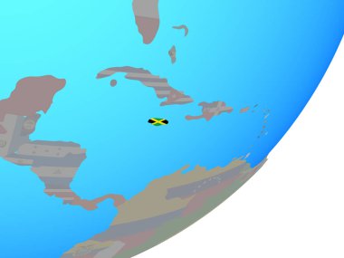 Jamaika katıştırılmış ulusal bayrak mavi siyasi dünya üzerinde. 3D çizim.