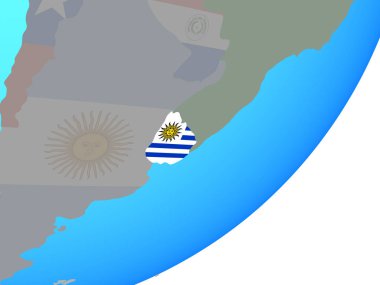 Uruguay ile katıştırılmış ulusal bayrak mavi siyasi dünya üzerinde. 3D çizim.