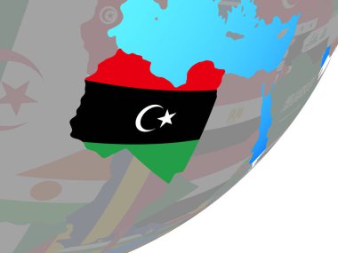 Libya ile katıştırılmış ulusal bayrak mavi siyasi dünya üzerinde. 3D çizim.