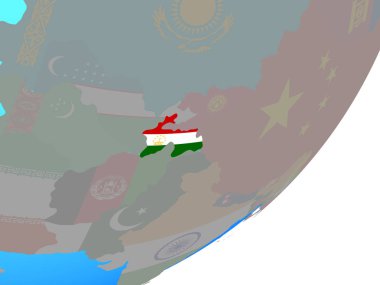Tacikistan ile katıştırılmış ulusal bayrak mavi siyasi dünya üzerinde. 3D çizim.