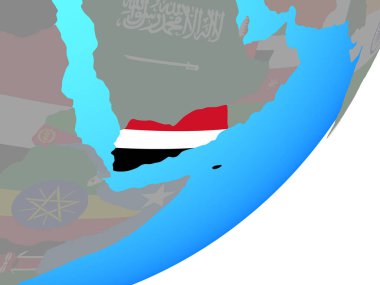 Yemen ile katıştırılmış ulusal bayrak mavi siyasi dünya üzerinde. 3D çizim.