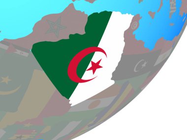 Cezayir ile katıştırılmış ulusal bayrak mavi siyasi dünya üzerinde. 3D çizim.