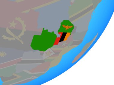 Mavi siyasi dünya üzerinde katıştırılmış ulusal bayrak ile Zambiya. 3D çizim.