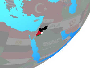 Jordan ile katıştırılmış ulusal bayrak mavi siyasi dünya üzerinde. 3D çizim.
