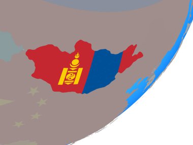 Moğolistan ile katıştırılmış ulusal bayrak mavi siyasi dünya üzerinde. 3D çizim.