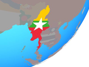 Myanmar katıştırılmış ulusal bayrak mavi siyasi dünya üzerinde. 3D çizim.