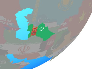 Türkmenistan ile katıştırılmış ulusal bayrak mavi siyasi dünya üzerinde. 3D çizim.