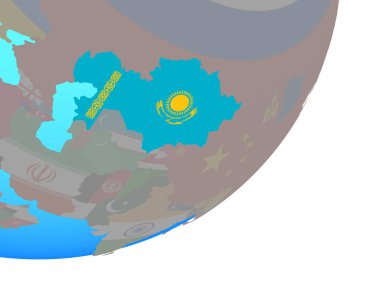 Kazakistan ile katıştırılmış ulusal bayrak mavi siyasi dünya üzerinde. 3D çizim.