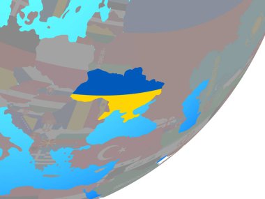 Ukrayna ile katıştırılmış ulusal bayrak mavi siyasi dünya üzerinde. 3D çizim.