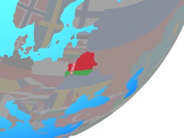 Beyaz Rusya ile katıştırılmış ulusal bayrak mavi siyasi dünya üzerinde. 3D çizim.