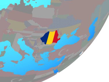 Romanya ile katıştırılmış ulusal bayrak mavi siyasi dünya üzerinde. 3D çizim.