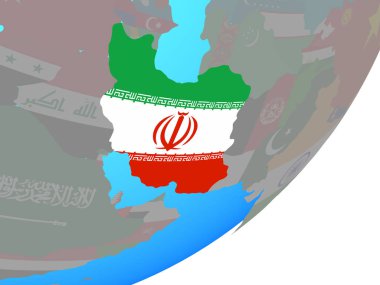 Iran ile katıştırılmış ulusal bayrak mavi siyasi dünya üzerinde. 3D çizim.