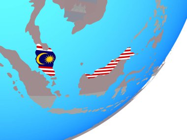 Malezya ile katıştırılmış ulusal bayrak mavi siyasi dünya üzerinde. 3D çizim.