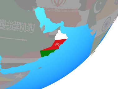 Umman ile katıştırılmış ulusal bayrak mavi siyasi dünya üzerinde. 3D çizim.