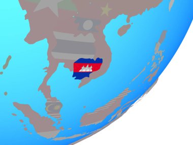 Kamboçya ile katıştırılmış ulusal bayrak mavi siyasi dünya üzerinde. 3D çizim.