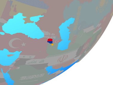 Ermenistan ile katıştırılmış ulusal bayrak mavi siyasi dünya üzerinde. 3D çizim.
