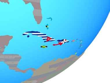 Karayipler ile katıştırılmış ulusal bayrak mavi siyasi dünya üzerinde. 3D çizim.
