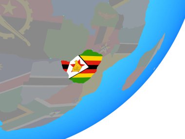 Zimbabve ile katıştırılmış ulusal bayrak mavi siyasi dünya üzerinde. 3D çizim.