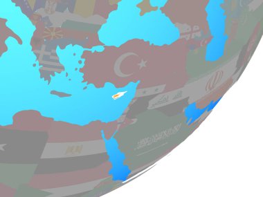 Kıbrıs ile katıştırılmış ulusal bayrak mavi siyasi dünya üzerinde. 3D çizim.