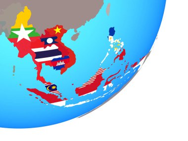 ASEAN ülkeleri ile katıştırılmış ulusal bayrak mavi siyasi dünya üzerinde. 3D çizim.