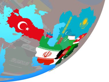 Eko üye devletler ile katıştırılmış ulusal bayrak mavi siyasi dünya üzerinde. 3D çizim.