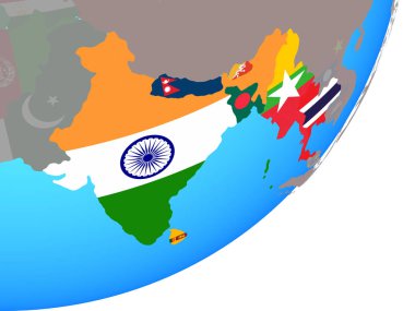 Bimstec üye devletler ile katıştırılmış ulusal bayrak mavi siyasi dünya üzerinde. 3D çizim.