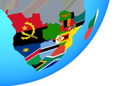 Mavi siyasi dünya üzerinde katıştırılmış ulusal bayrak ile Güney Afrika. 3D çizim.