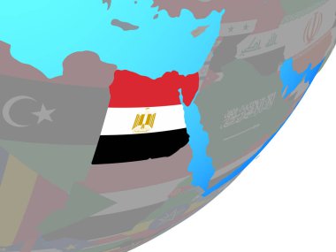 Mısır ile katıştırılmış ulusal bayrak mavi siyasi dünya üzerinde. 3D çizim.