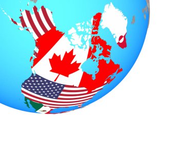 Mavi siyasi dünya üzerinde katıştırılmış ulusal bayrak ile Kuzey Amerika. 3D çizim.