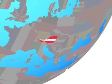 Avusturya ile katıştırılmış ulusal bayrak mavi siyasi dünya üzerinde. 3D çizim.