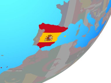 İspanya ile katıştırılmış ulusal bayrak mavi siyasi dünya üzerinde. 3D çizim.