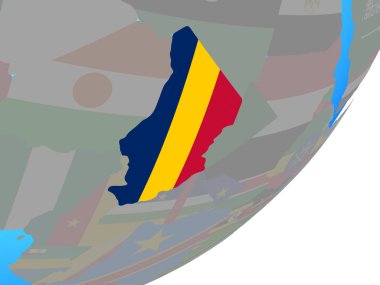 Chad ile katıştırılmış ulusal bayrak mavi siyasi dünya üzerinde. 3D çizim.