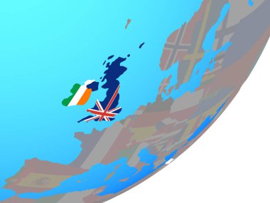 Britanya Adaları mavi siyasi dünya üzerinde katıştırılmış ulusal bayrak ile. 3D çizim.