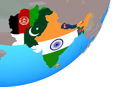 Güney Asya ile katıştırılmış ulusal bayrak mavi siyasi dünya üzerinde. 3D çizim.