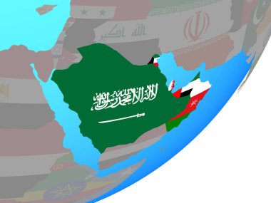 Mavi siyasi dünya üzerinde katıştırılmış ulusal bayrak ile Ccasg ülke. 3D çizim.