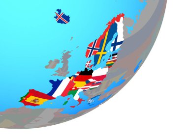 Schengen alanı üyesi bulunan katıştırılmış ulusal bayrak mavi siyasi dünya üzerinde. 3D çizim.