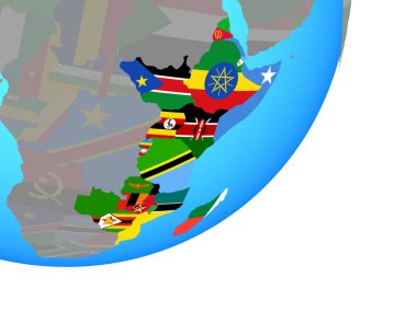 Mavi siyasi dünya üzerinde katıştırılmış ulusal bayrak ile Doğu Afrika. 3D çizim.