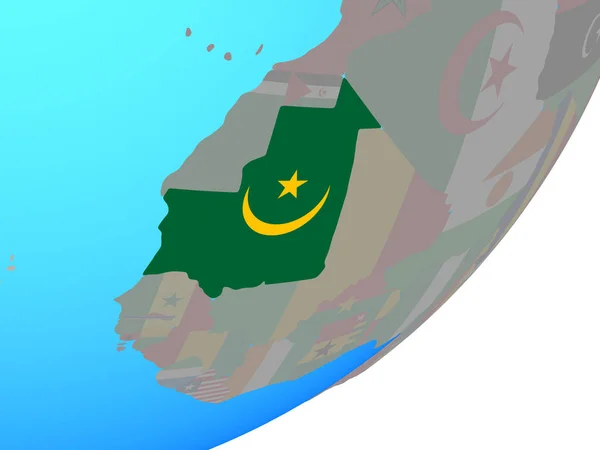 毛里塔尼亚以嵌入的国旗在蓝色政治地球 — 图库照片
